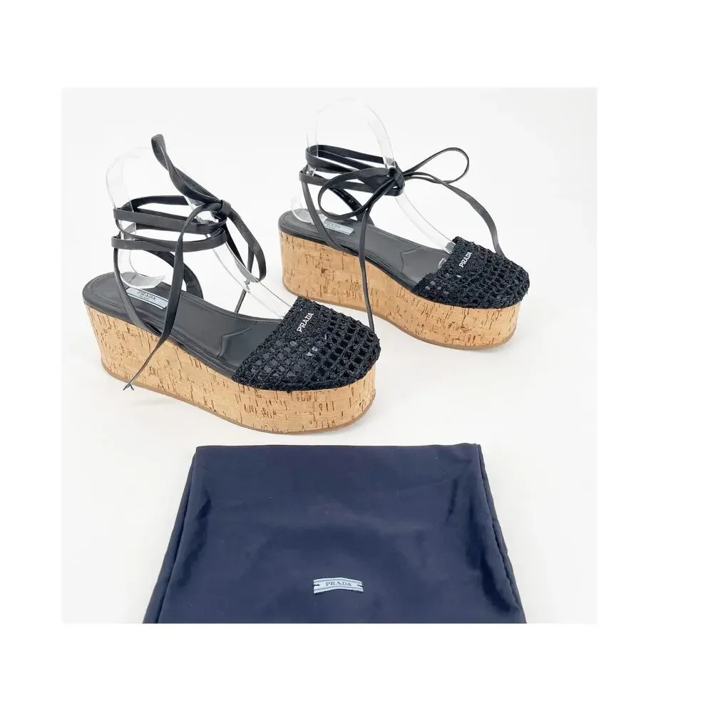 Prada Black Raffia Crochet Logo Cork Platform Lace Up Ankle Tie Sandals IT 41